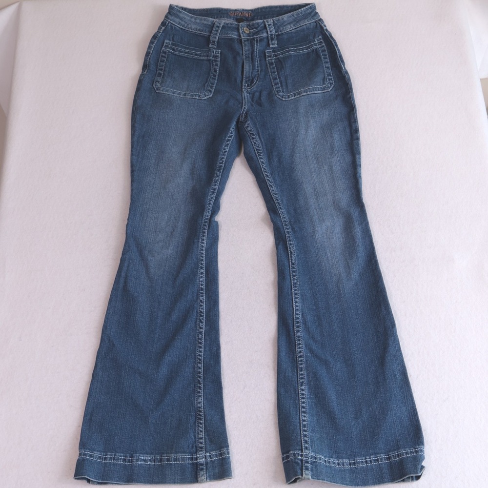 Shyanne Womens Flare Leg Jeans Medium Wash Patch Pocket Blue Denim 32 Regular